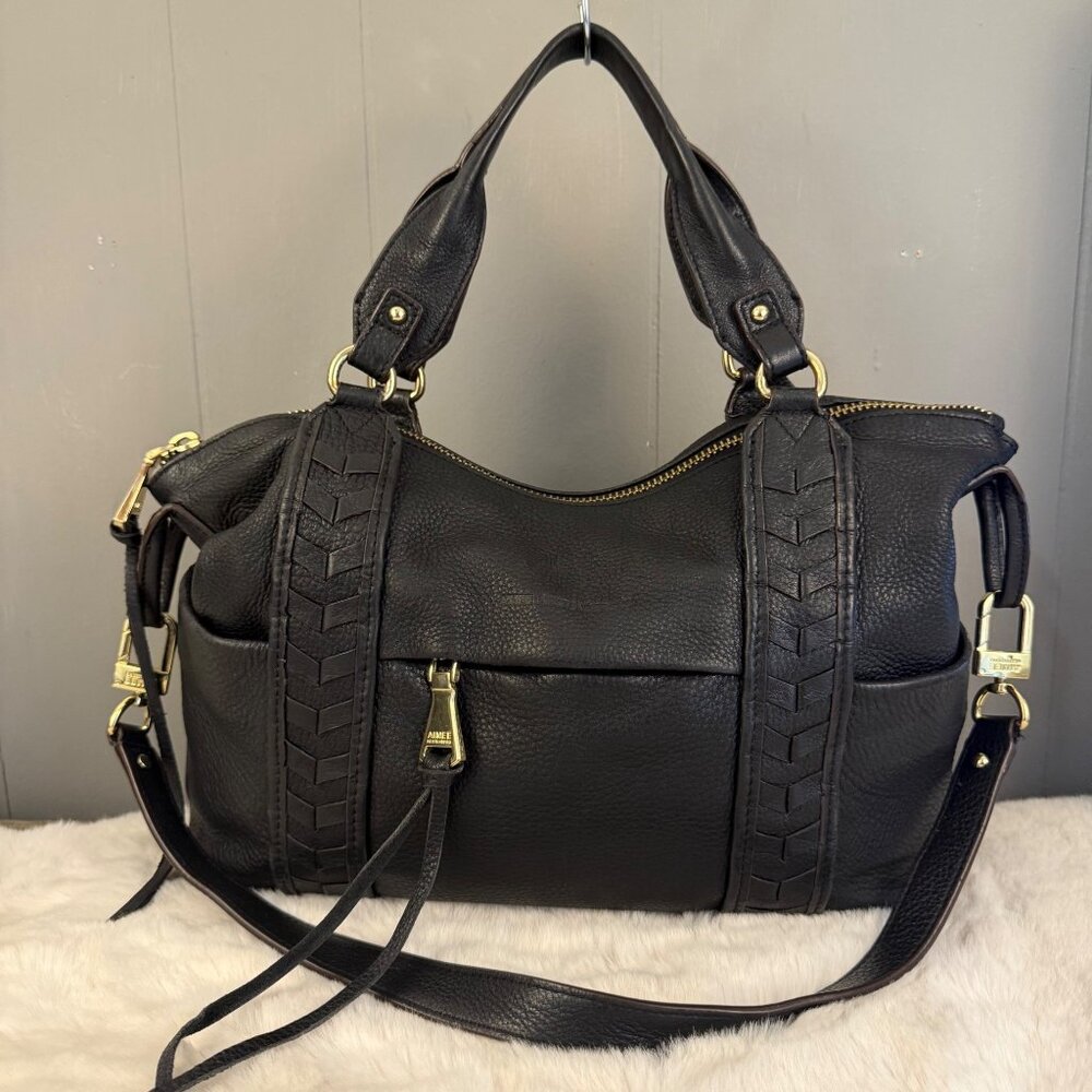 Aimee Kestenberg Black Pebbled Leather Satchel Tote Bag With Gold Hardware